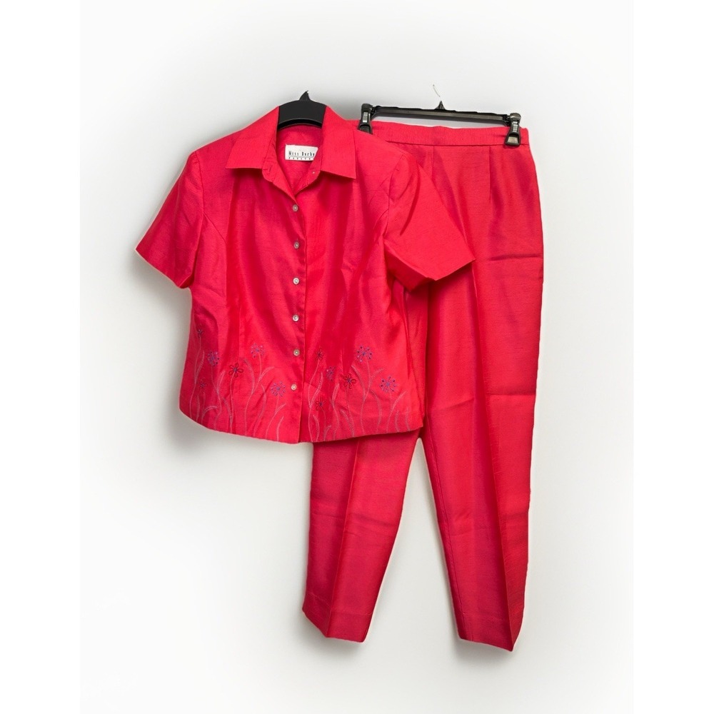 VTG Miss Dorby Hot Pink Satin 2-Piece Pants‎ Set Women's S Floral Embroidered